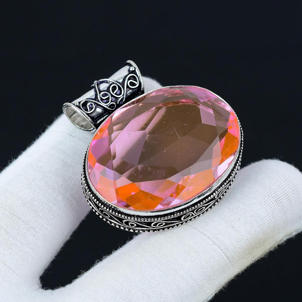 Pink Topaz Pendant, 925 Sterling Silver Pendant, Handmade Jewelry Pendant, Antique Pendant, Topaz Gemstone, Red Color Pendant, Gift For Mom