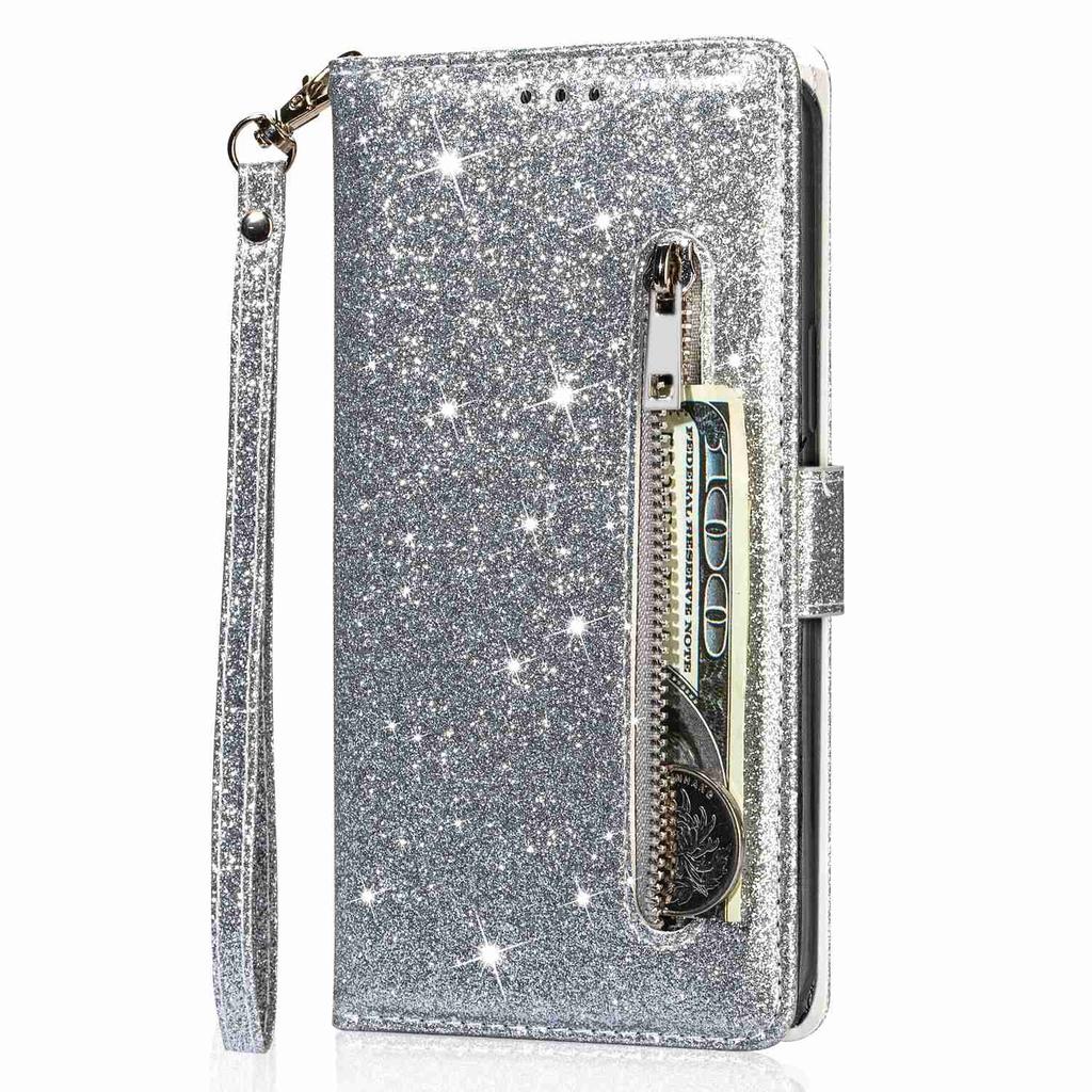 For Samsung Galaxy S24 Case Glittery Phone Wallet Cover with Zipper Pocket