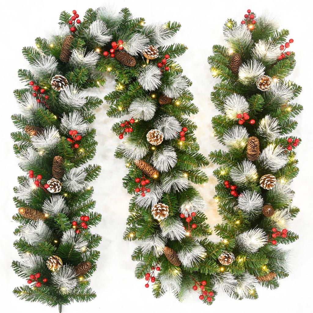 Christmas Glimmer: Garland Set for Tree, Window, and Fireplace with Flocked Leaf Ornaments