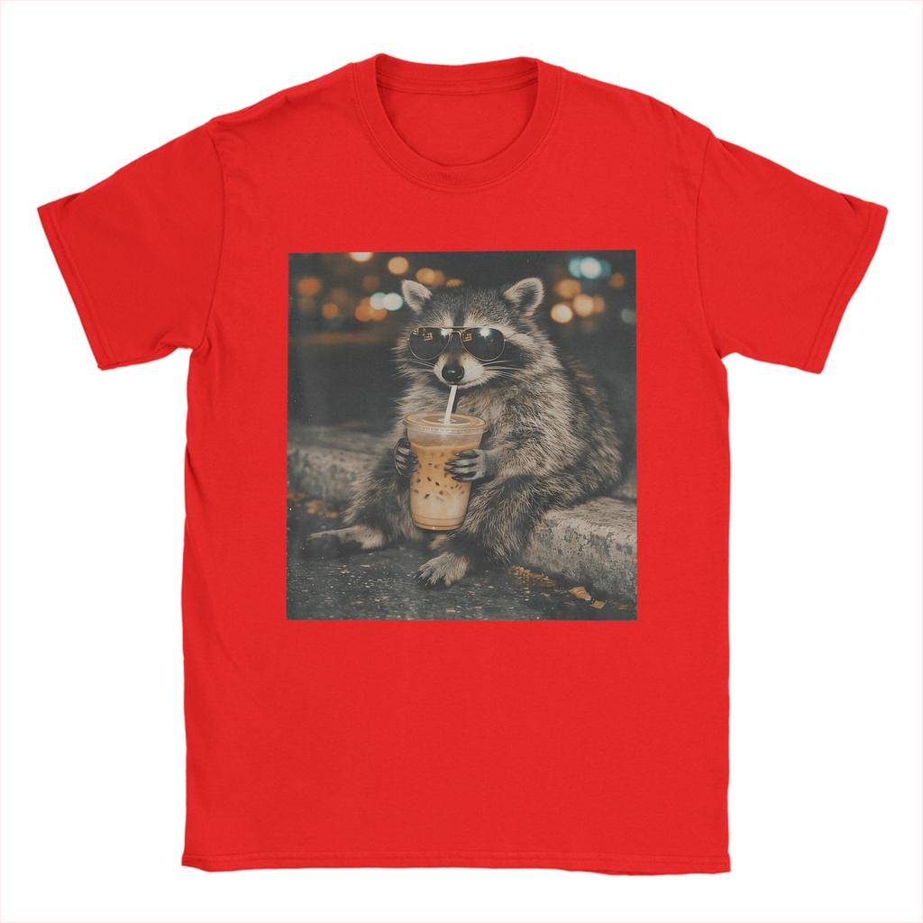 Raccoon Drinking Iced Coffee Funny Animal Meme Cotton TShirt For Mens Beach TShirts ONeck Tee Shirt Oversized Cheap Tops