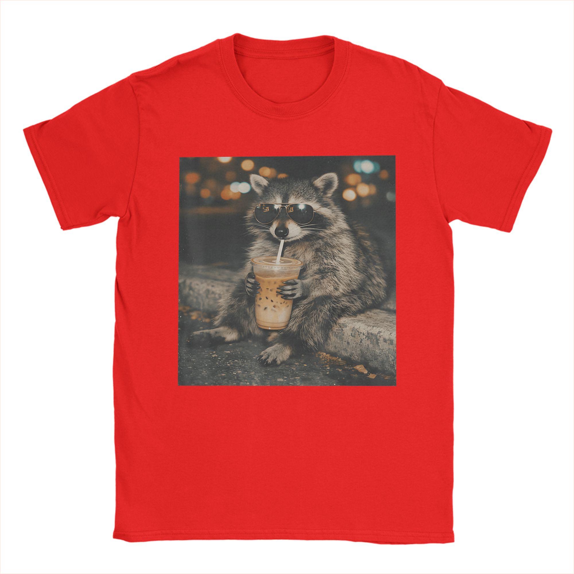 

Raccoon Drinking Iced Coffee Funny Animal Meme Cotton TShirt For Mens Beach TShirts ONeck Tee Shirt Oversized Cheap Tops S