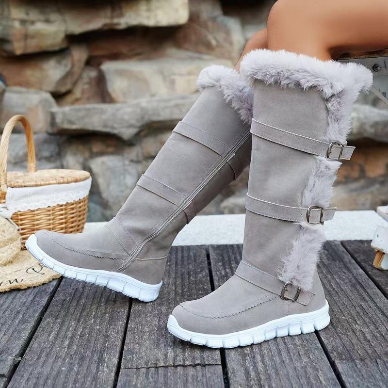 Soft-soled Non-knee Cotton Shoes Winter New Round Toe Metal Belt Buckle Plush Thickened Non-slip Flat Boots
