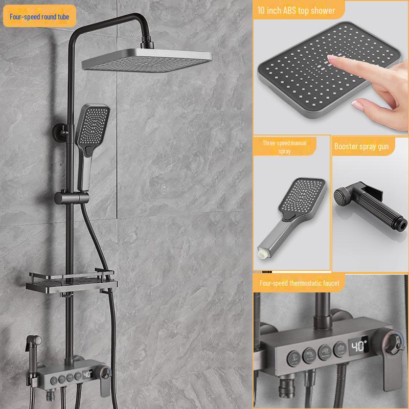 

Термостатический душевой гарнитур из нержавеющей стали серого цвета с тропическим душем и функцией усилителя