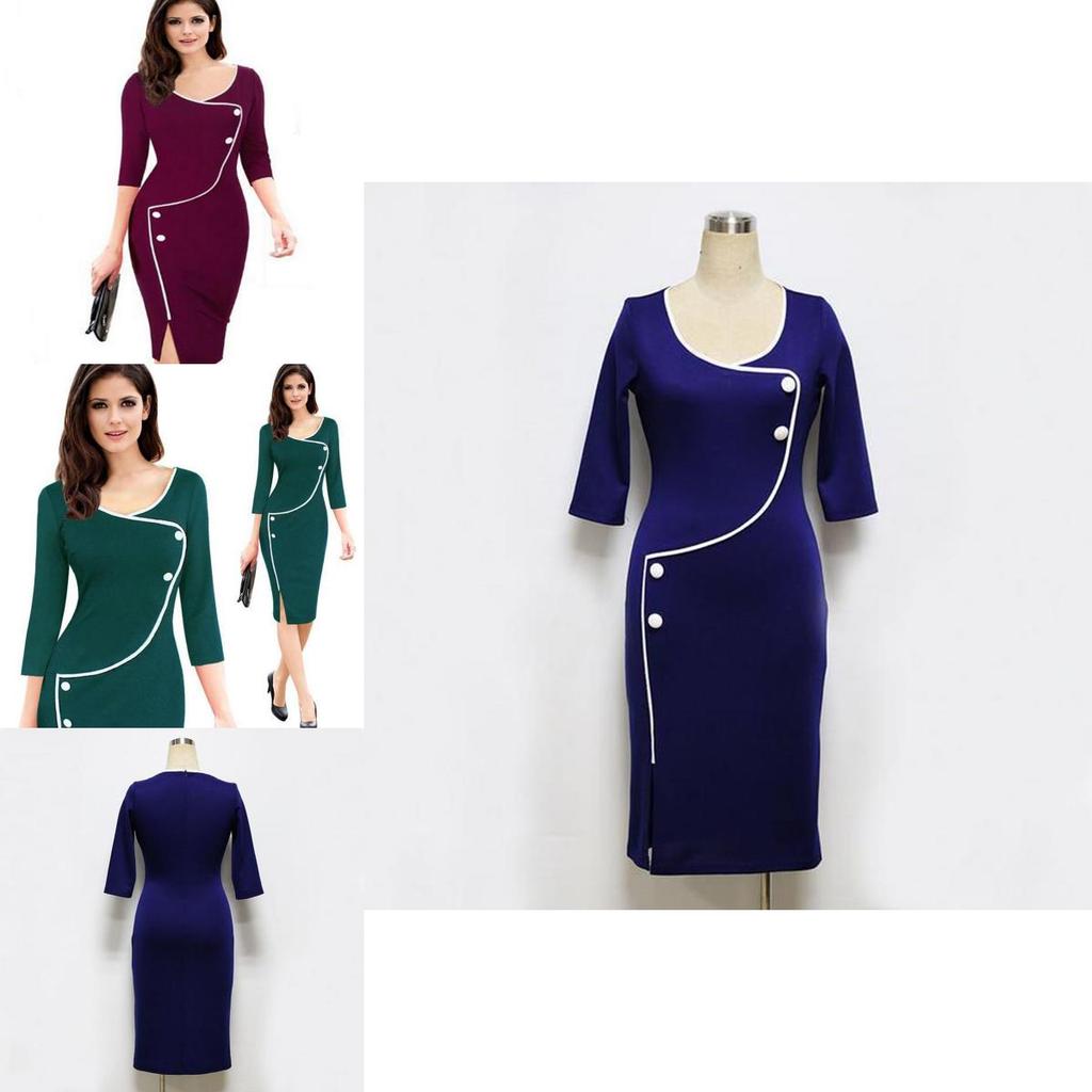 Elegant Womens Vintage Brief Split Bottom Dress With Timeless Deep O-neck Design