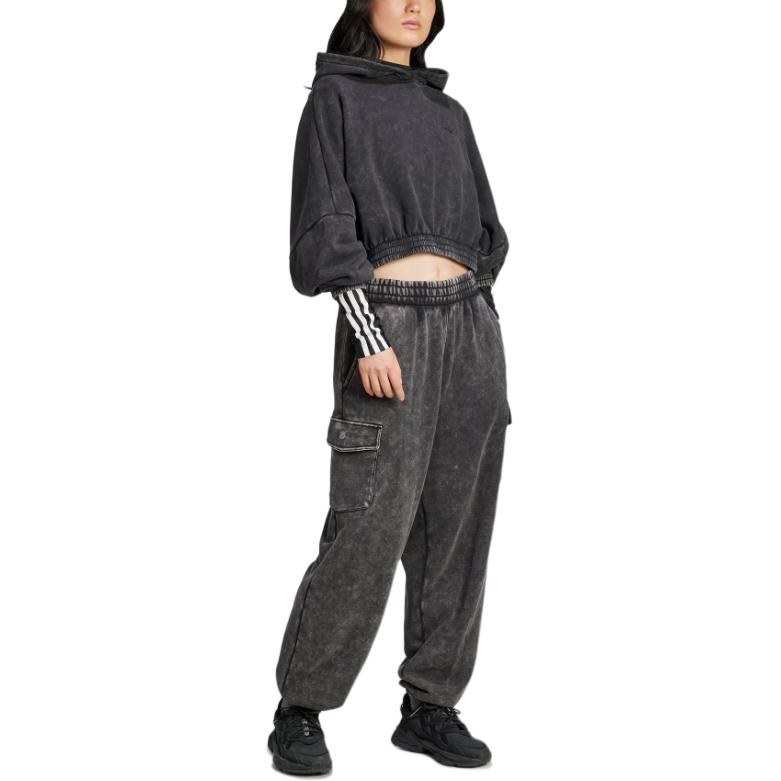 Adidas Originals Crop Hoodie Acid-Wash Solid Color Soft Loose Casual Hooded Long Sleeve Sweatshirt Women hoodies Black JJ0333