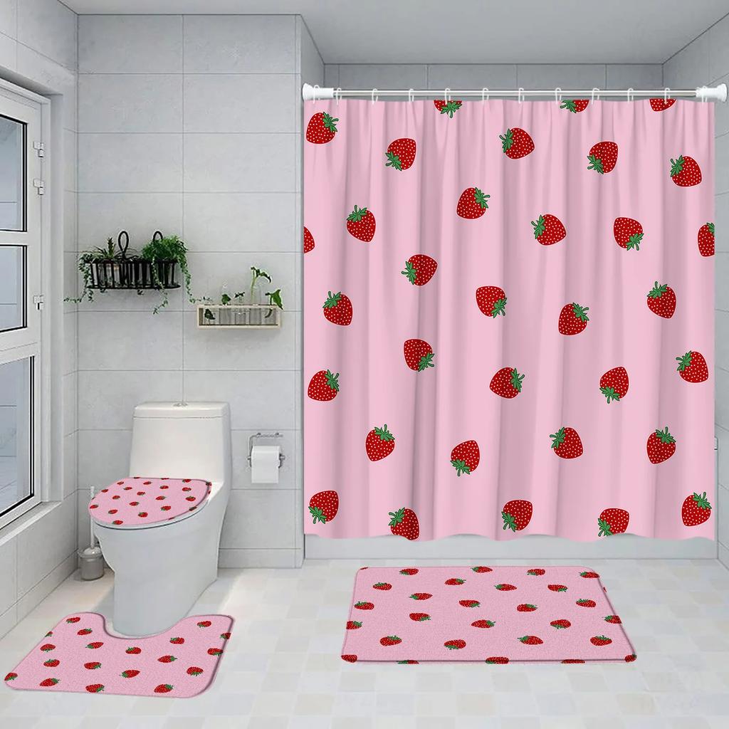 Strawberry Pink Shower Curtain Set Girls Woman Fruit Summer Bathroom Decoration Bathtub Rug Mat Home Carpet Toilet Lid Cover