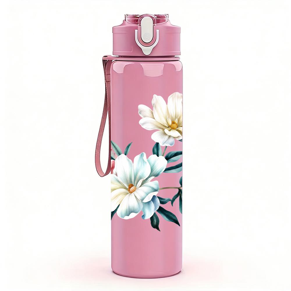1PC White Watercolor Floral Graphic,750ml Color Plastic Sports Water Bottle,Leakproof Flip Straw Lid,Suitable for Sports Office Home Use