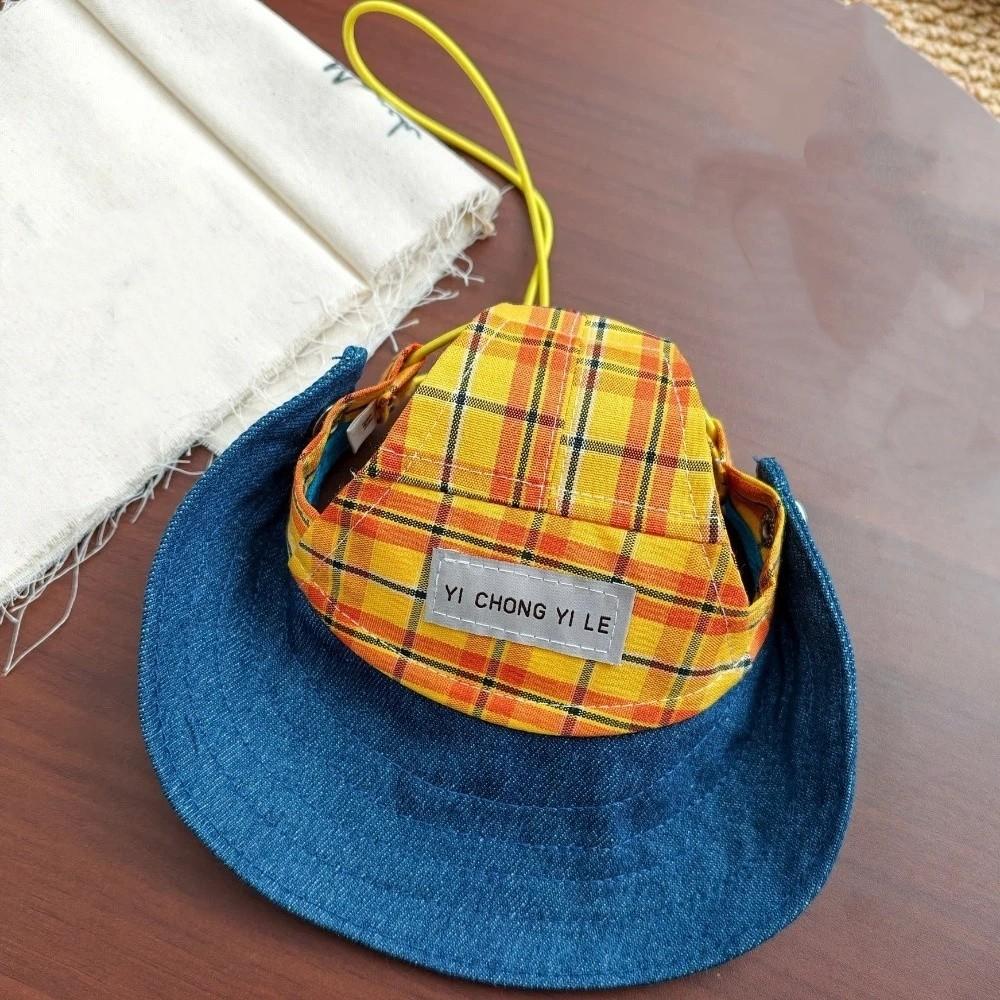 Adjustable Pet Sun Protection Denim Hat Checkered with Ear Hole Dog Fisherman Hat Lightweight Breathable Dog Visor Cap Outdoor