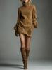 2026 Vintage Faux Suede Long Sleeve Short Dress with Retro Lapel for Women