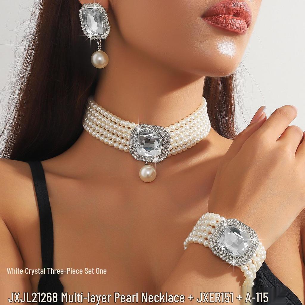 European Luxury Multi-Layer Faux Pearl & Crystal Jewelry Set – Necklace, Earrings, Bracelet - Colorful, Fashionable, and Exquisite Accessories