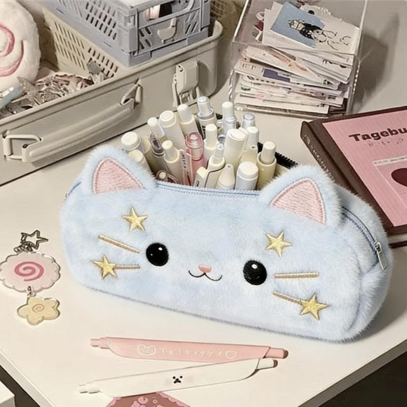 New Cartoon Plush Star Cat Pencil Case Multi-layer Large Capacity Stationery Storage Bag Student Pencil Case Stationery