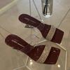Fashion Open Toed Slippers for Women's 2025 Summer New Style for Outdoor Wear Square Toe Rhinestone Cross Cut High-heeled Sandals Women