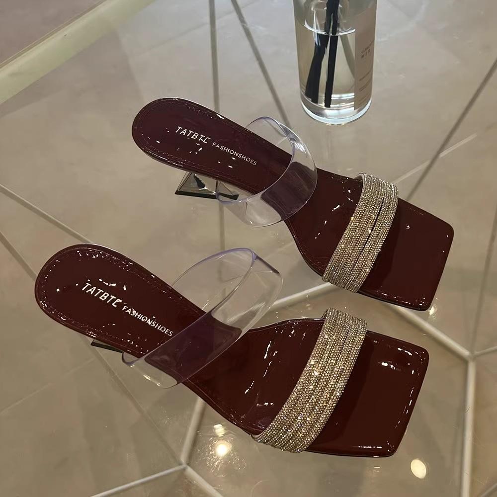 Fashion Open Toed Slippers for Women's 2025 Summer New Style for Outdoor Wear Square Toe Rhinestone Cross Cut High-heeled Sandals Women