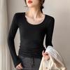 Women's Black Modal Crew Neck Long Sleeve Base Layer Top - Slim Fit, Low Neck Design for 2025 Autumn/Winter