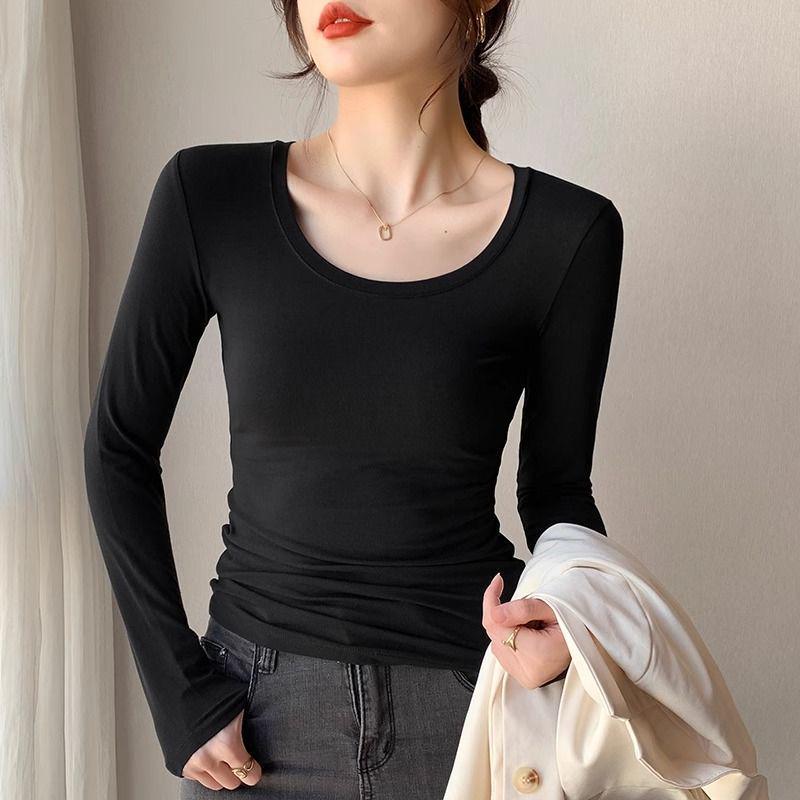 Women's Black Modal Crew Neck Long Sleeve Base Layer Top - Slim Fit, Low Neck Design for 2025 Autumn/Winter