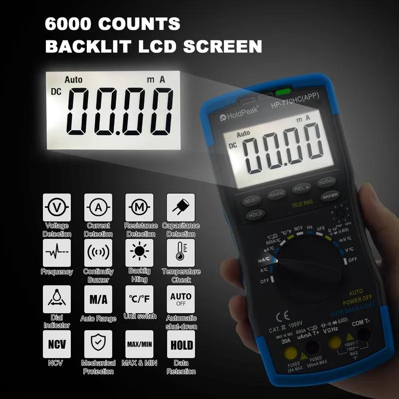 HP-770HC-APP Digital Multimeter True RMS with NCV Feature and Resistance Capicity Measure,Duty Cycle Test Bluetooth Auto Ranging