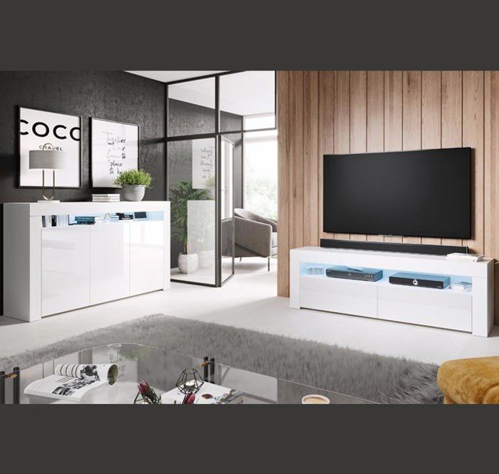 Buffet Bahut avec Led - Blanc - AKER - 155 x 91,5 x 37cm