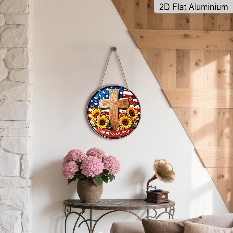 Retro Round Aluminum Wall Decor, American Independence Day Cross & Sunflower Design, Indoor Outdoor Hanging Plaque, Christian Commemorative Gift