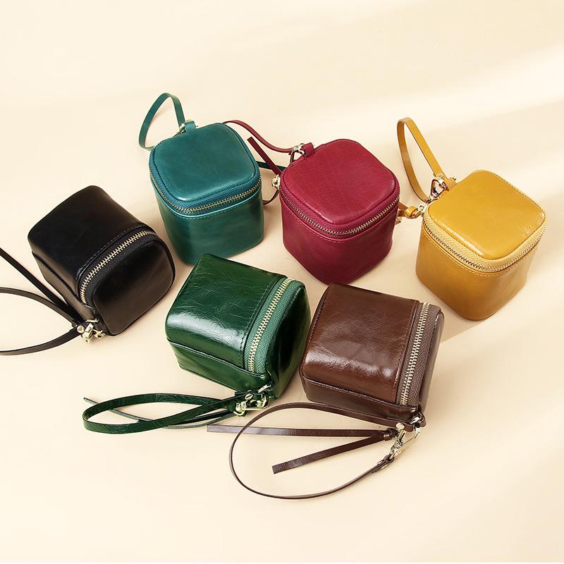 Women's Genuine Leather Mini Coin Purse with Key Ring - Motorcycle Style and Top Cowhide Zipper Wallet