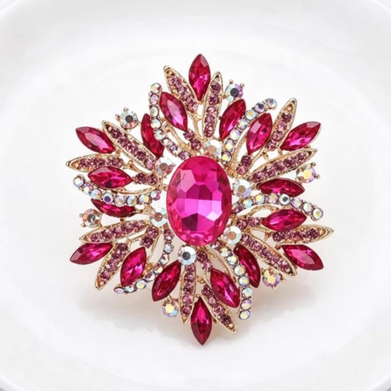 Multicolor Rhinestone Flower Brooch Shiny Crystals Gold Plated Frame For Wedding Party Formal Outfit Accessories