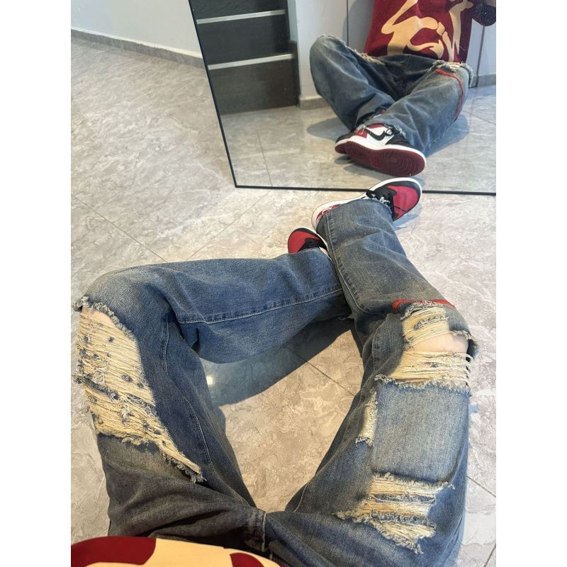 American style high street niche repair ripped jeans male vibe style ripped loose straight couple jeans