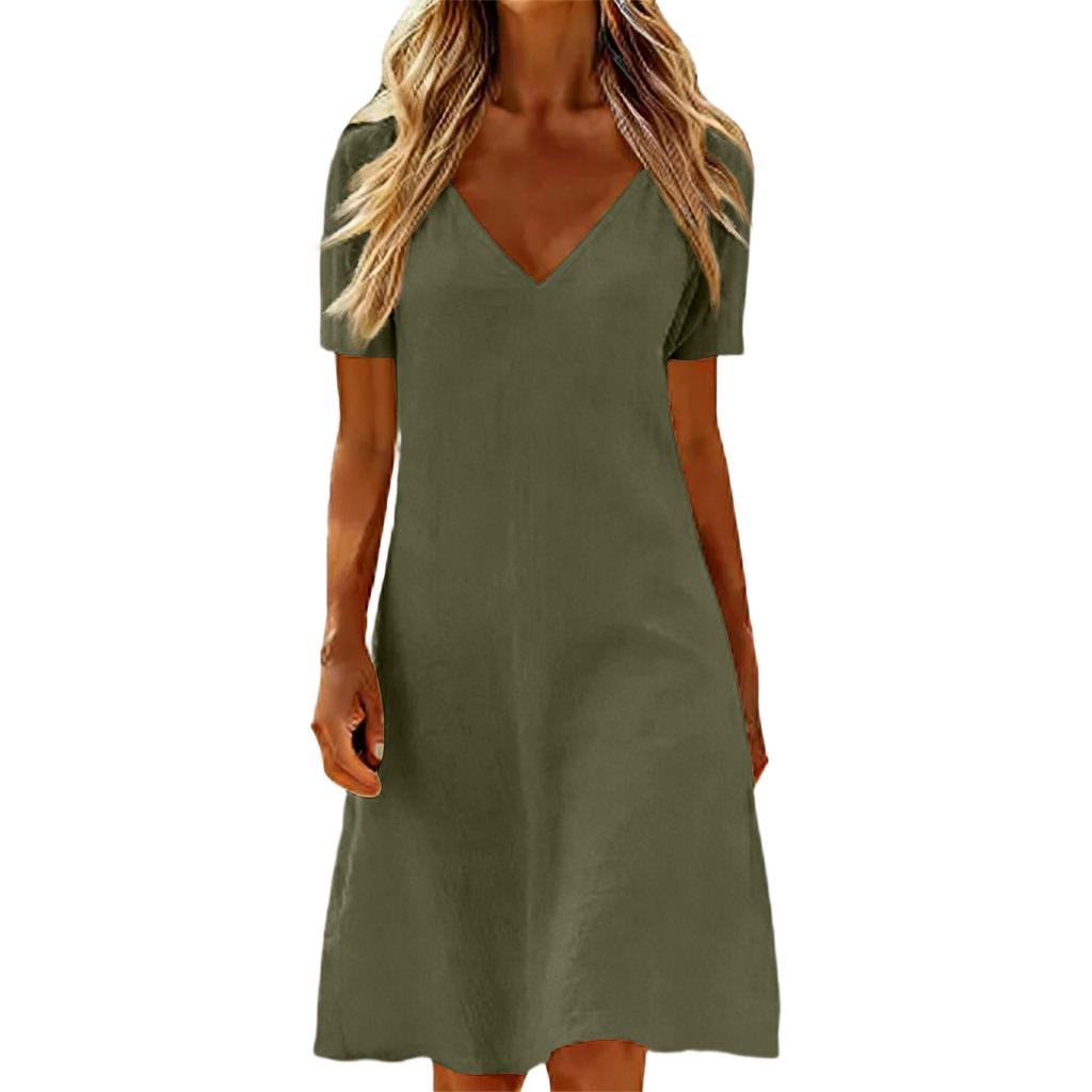 Women's  Color Casual Fashion Short Sleeved V-neck Dress