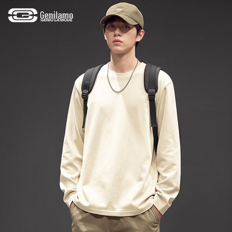 GENIOLAMODE Men's 220G Heavyweight Pure Cotton Crew Neck Long Sleeve T-shirt