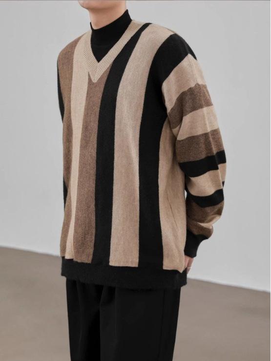 Men's Korean Style Striped V-Neck Autumn/Winter Loose Knit Color Block Pullover Sweater