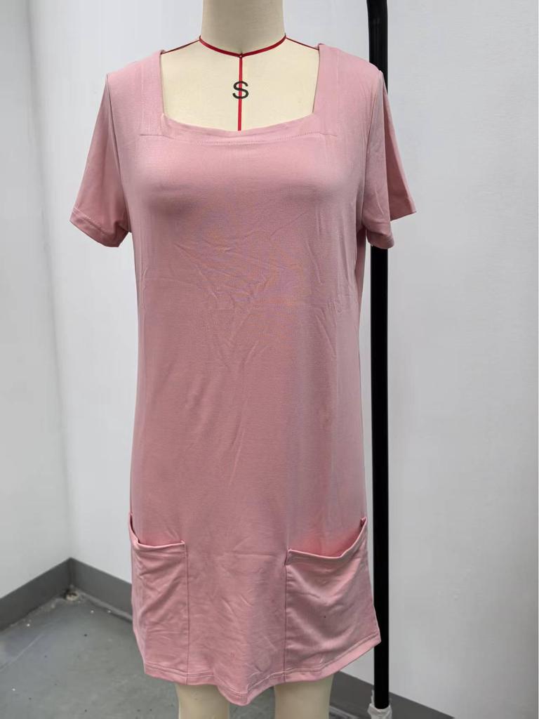 European and American Fashion: Women's Square Neck Short Sleeve Pocket Dress