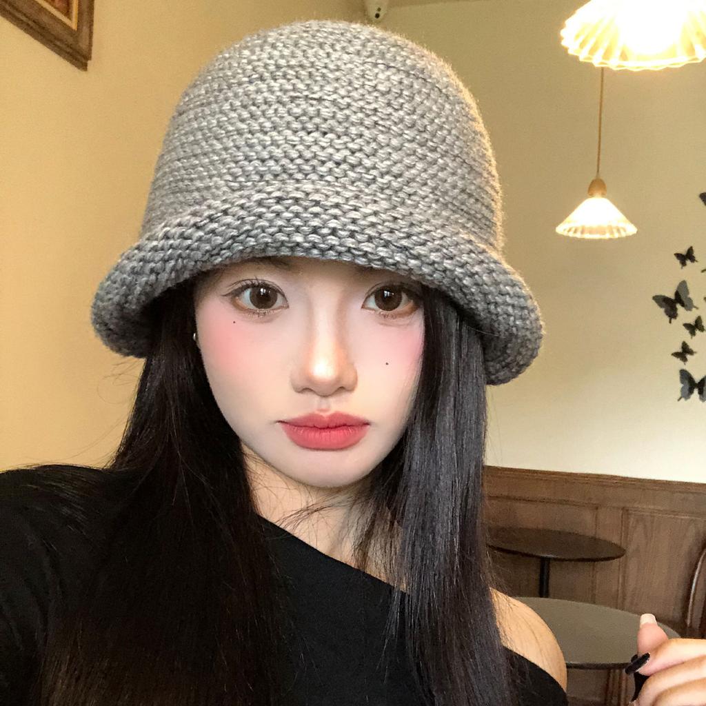 Gray retro knitted crimped bucket hat women's autumn and winter big head circumference basin hat plain face small bucket hat