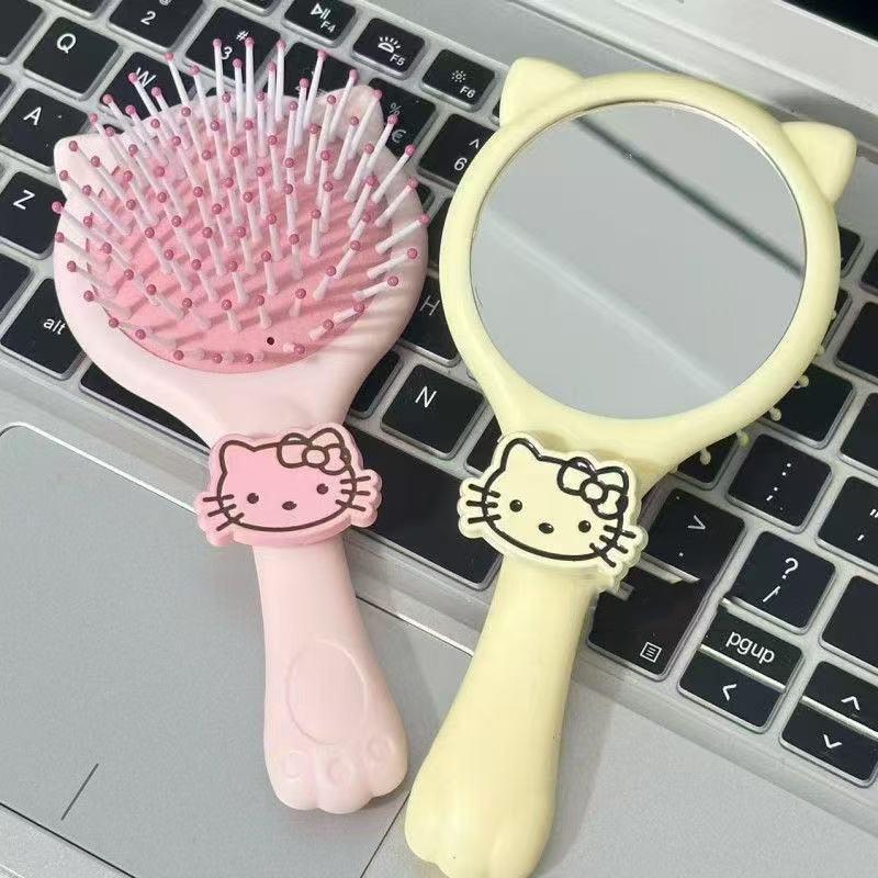 2-In-1 Hello Kitty Handheld Mirror Comb Portable Travel Comb Cartoon Air Cushion Massage Comb Airbag Comb Girl Birthday Gift