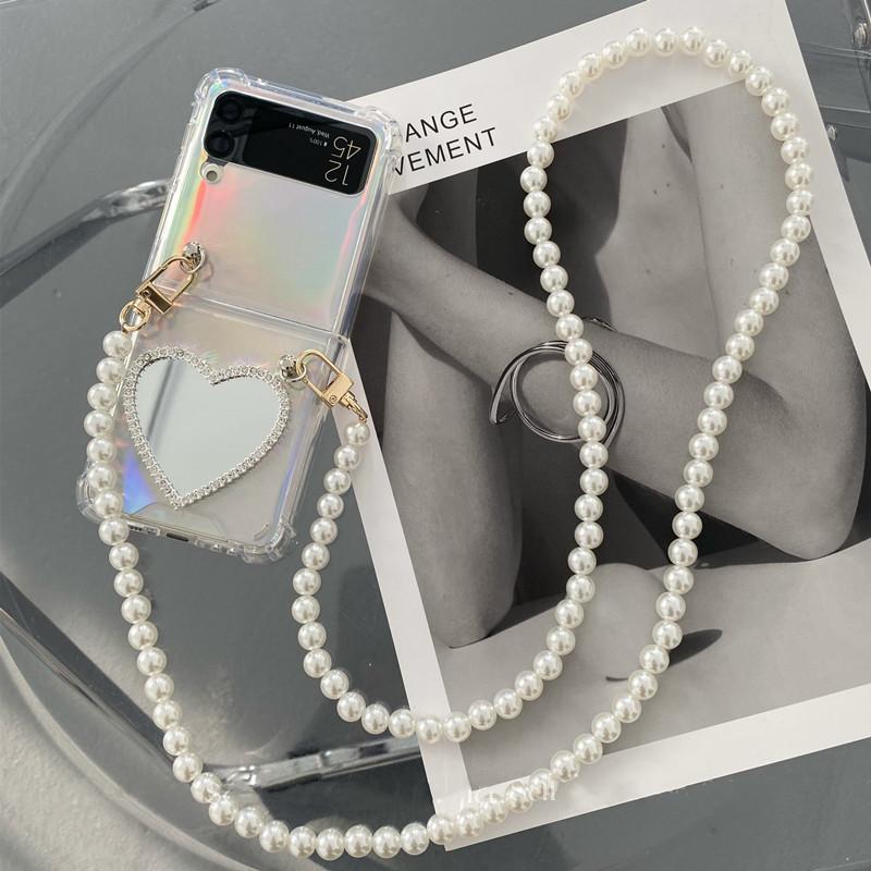 Dlouhý perlový crossbody řetízek skládací pouzdro na telefon pro Samsung Galaxy Zflip 3 5g laserový kryt pro Galaxy Zflip Zflip4 Funda Etui