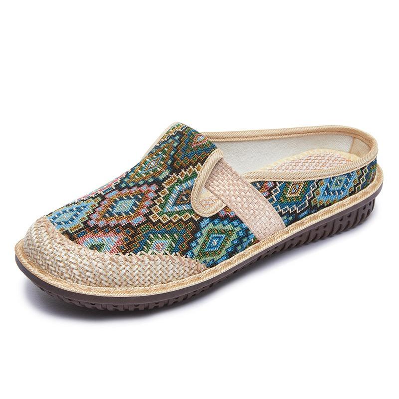 Women's Lazy Slip-on Closed-toe Slippers, Casual Shoes with Color-block Plaid Pattern, Versatile Mother's Shoes, Single Shoes.