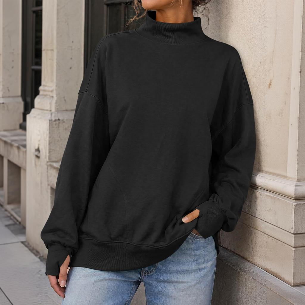 Women's Color Mock Neck Pullover Sweatshirt Loose Fit for Fall Winter