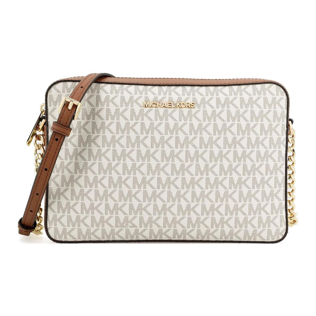 Michael Kors Mk Jet Set Long Vintage Monogram Logo Chain Leather Camera Bag Women Shoulder Bag Vanilla Brown 35F8GTTC3B-VANILLA-ACRN