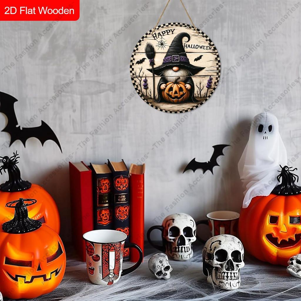 Happy Halloween Witch Gnome Pumpkin Round Wooden Hanging Sign, 2D Flat Printed Halloween Bat Wall Door Ornament, Spooky Farmhouse Holiday Decor Gift