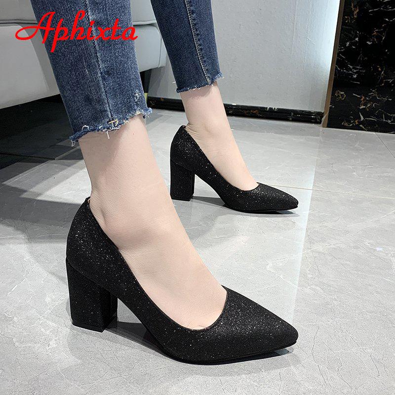 Fashion Aphixta Pointed Toe Shoes Women Pumps 7.5cm Career Square Heels Bling Fashion Work Office Party Shoes Super Big Size 49 50