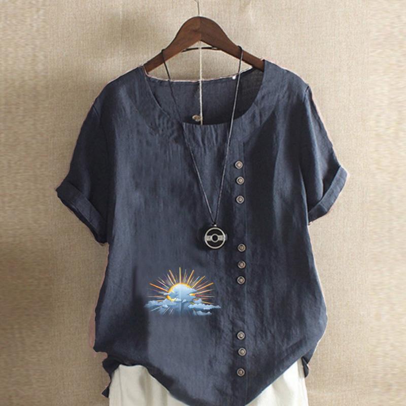 Women's Fashion Sunrise Prined Round Neck Short Sleeve T-shirt Casual Cotton Linen Graphic Shirt Leisure Loose Summer Blouse Tops