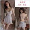 Sweet Embroidered Lace Plus Chest Pad Deep V Seduction Satin Nightdress Robe Women's Home Set