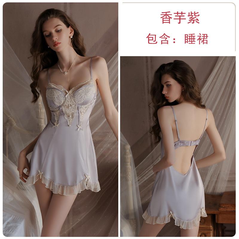 Sweet Embroidered Lace Plus Chest Pad Deep V Seduction Satin Nightdress Robe Women's Home Set