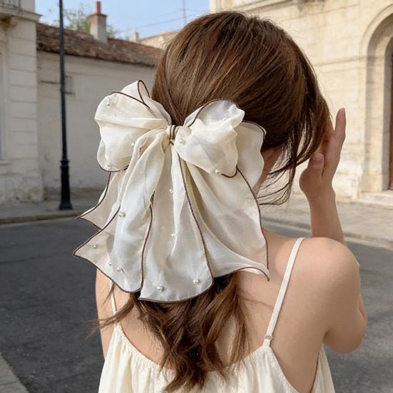 Girl Hairpin Double Layer Bowknot Imitation Pearls Decor Hair Clip Strong Grip Back Head Hair Pin Hair Styling Tool