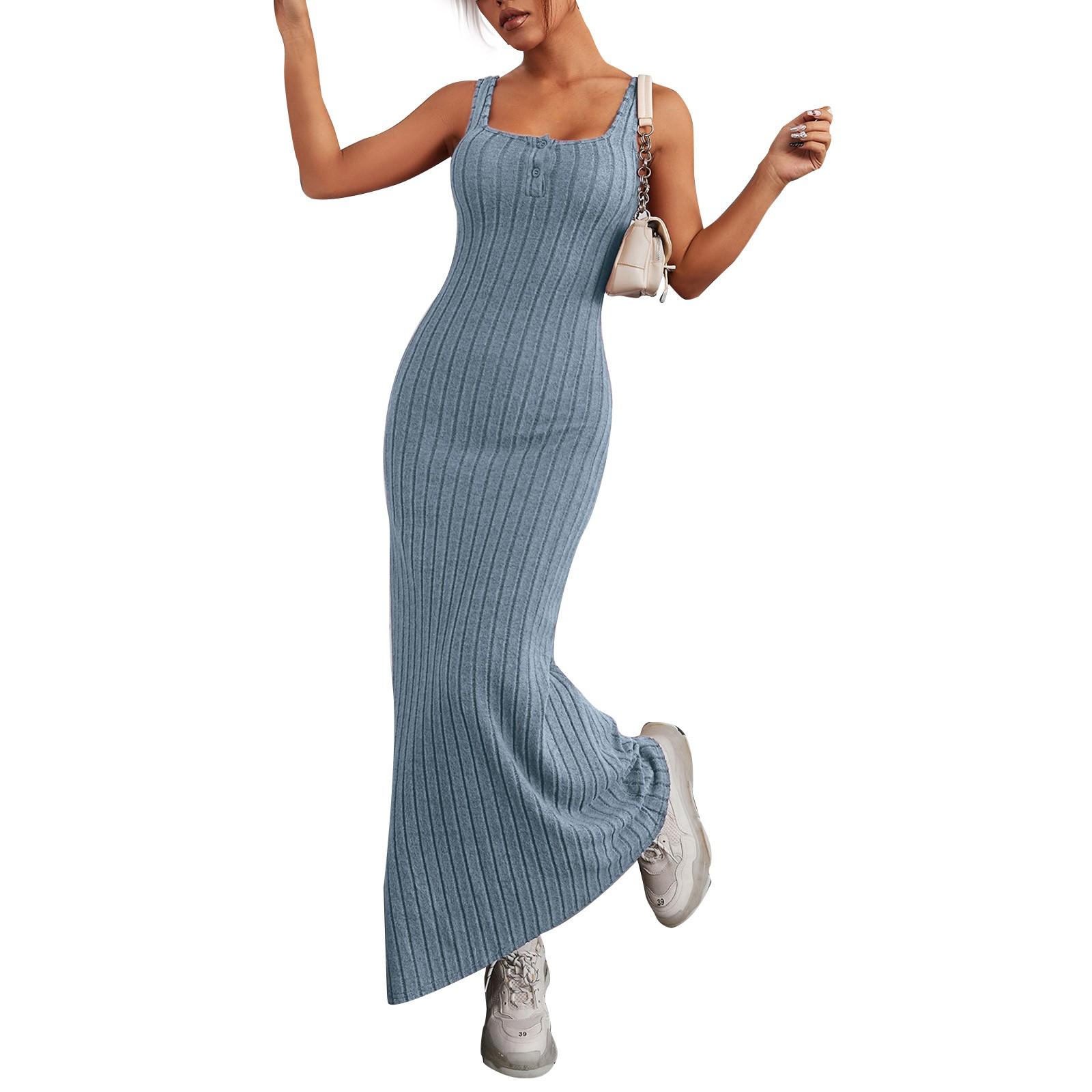 

Женские летние повседневные длинные платья без рукавов с пуговицами на шее, облегающие платья с эластичным кроем M