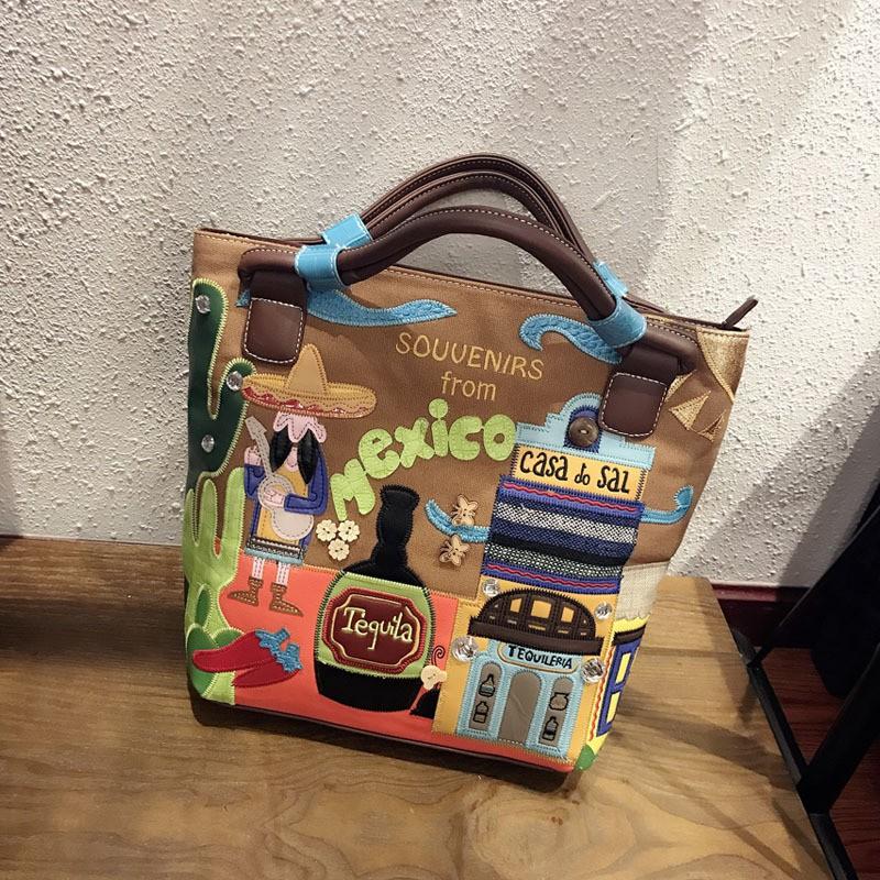Womens Vintage Handbag Crossbody Bag Hand-Embroidered Canvas Fashion Tote Daily Use
