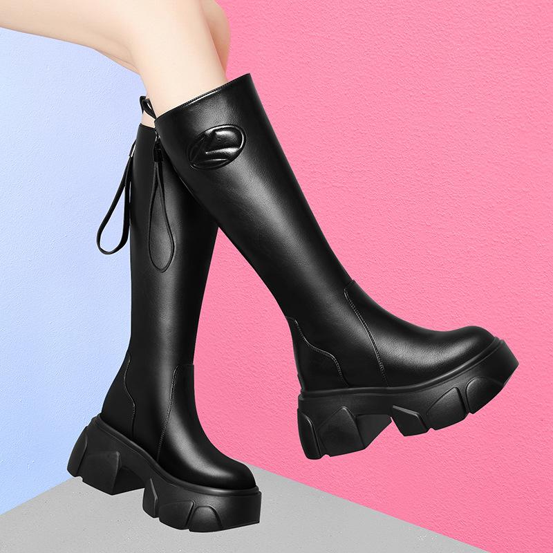 (Broken size does not make up) High boots for women's autumn new fashionable thick bottom heightening small elastic leather thin