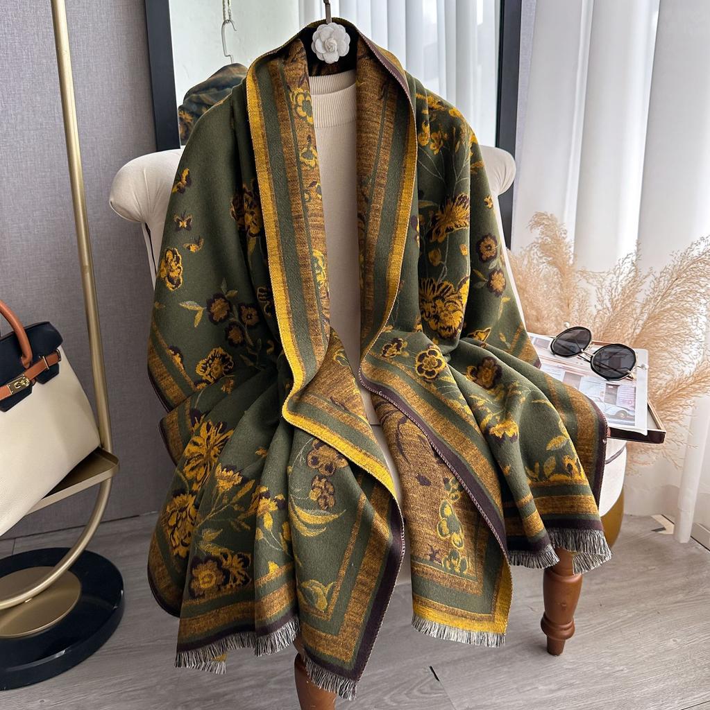 Autumn And Winter Scarf Women'S Versatile Imitation Cashmere Thickened Warm Shawl Double-Sided Imitation Cashmere Dual-Purpose Flower