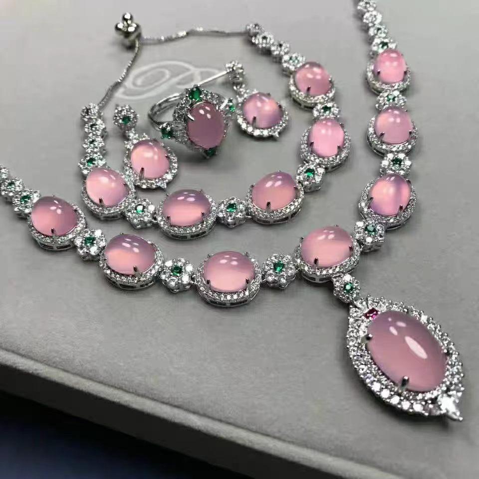 Light Luxury Ice Pink Oval Bead Four-piece Necklace Earrings Ring Bracelet Diamond Dinner Dress Temperament Jewelry Set
