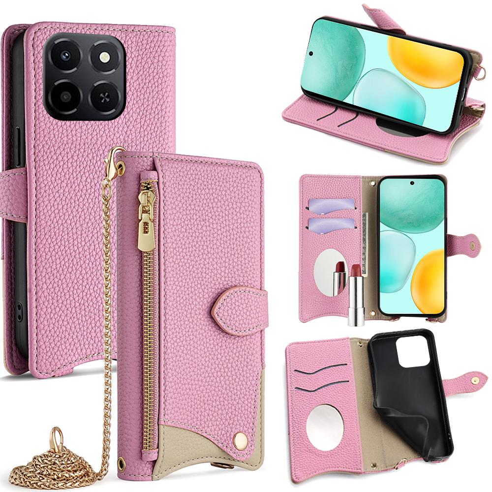 For Honor X6c 4G Leather Case Wallet Stand Cover Irregular Tail Style with Chain Strap