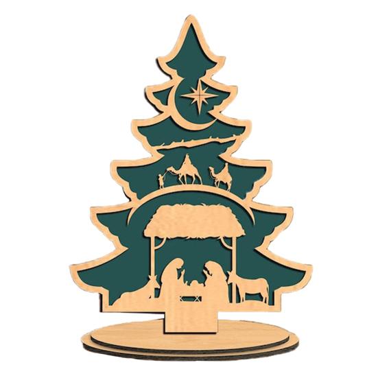 Christmas Tree Table Sign Decoration Farmhouse Rustic Jesus Nativity Wooden Ornament with Base Home Office Bookshelf Desktop Decor