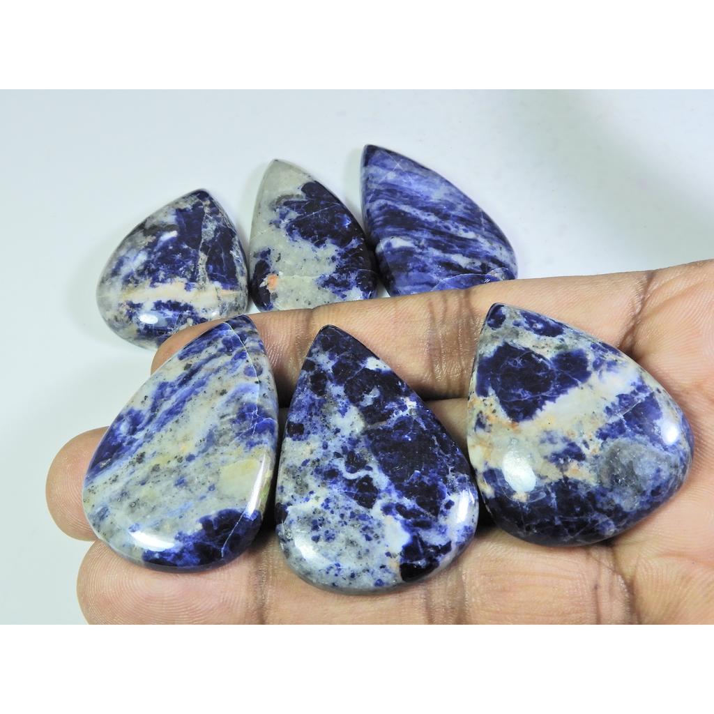370Cts. Natural Blue Sodalite Pear Cabochon Loose Gemstone 06Pcs Lot A-778