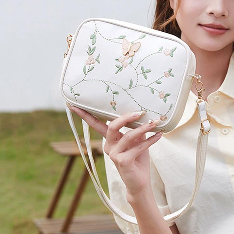 Embroidered Flower Bow Camera Bag Simple Women's Casual Small Square Bag PU Leather Shoulder Crossbody Bag AVE